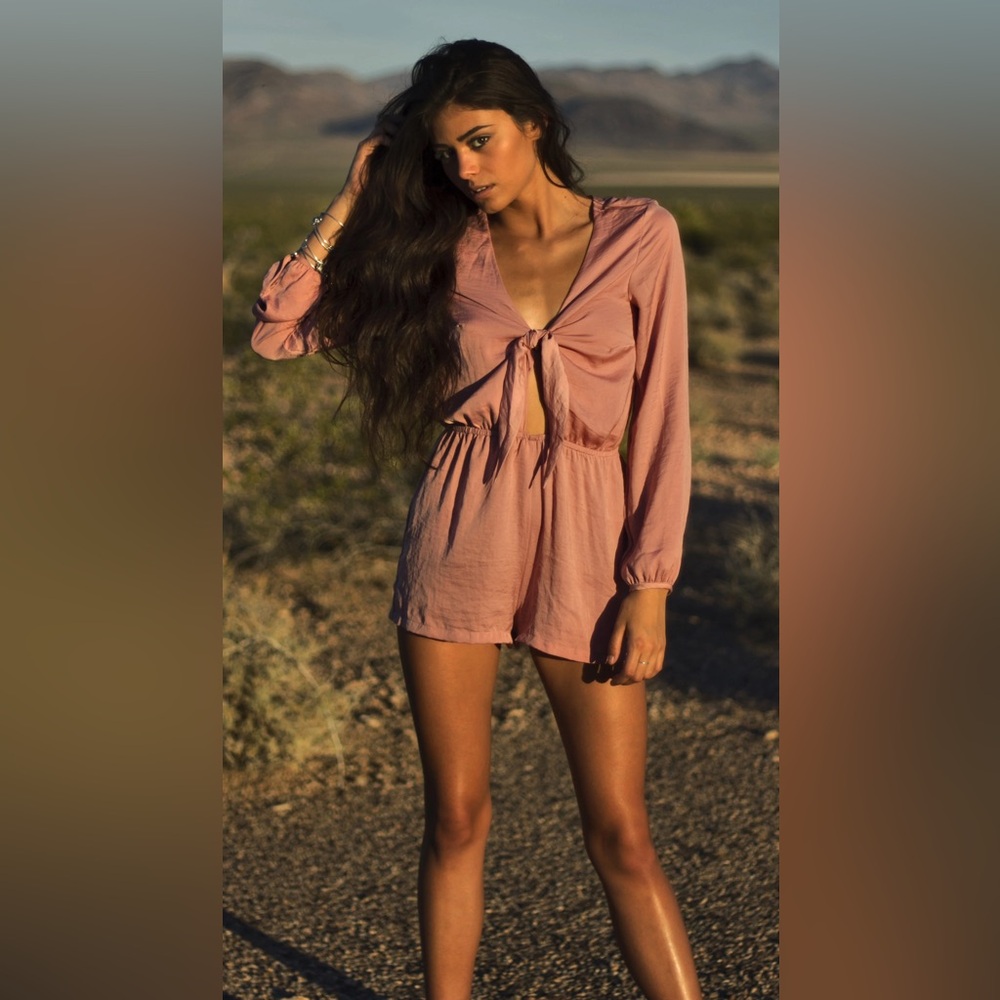 Women's Dusty Rose Tie-Front Long Sleeve Satin Romper